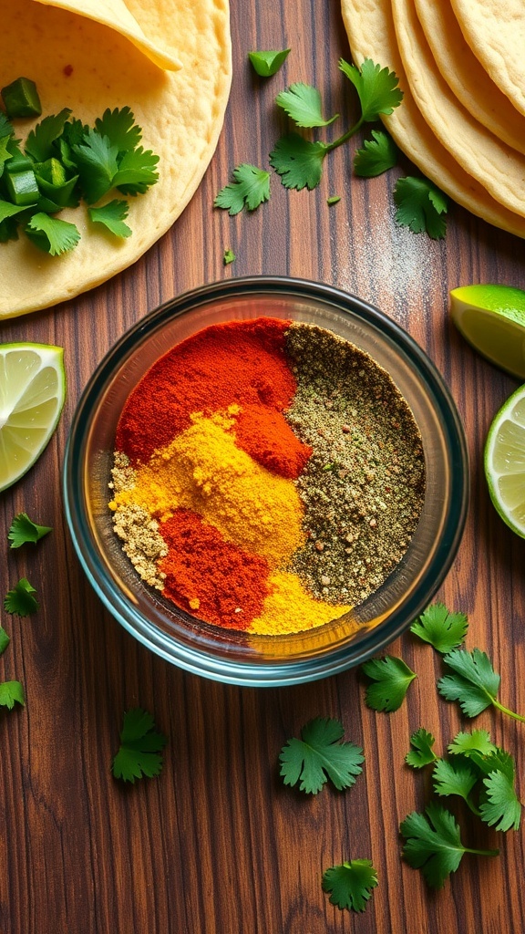 A bowl of homemade taco seasoning with spices, surrounded by fresh ingredients like cilantro and lime.